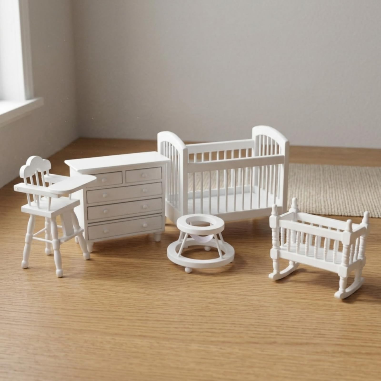 Harilla 5 Piezas de Muebles en Miniatura para Casa de Muñecas con Conjunto de Guardería de Madera Pintada de con Silla para Escena de Habitación