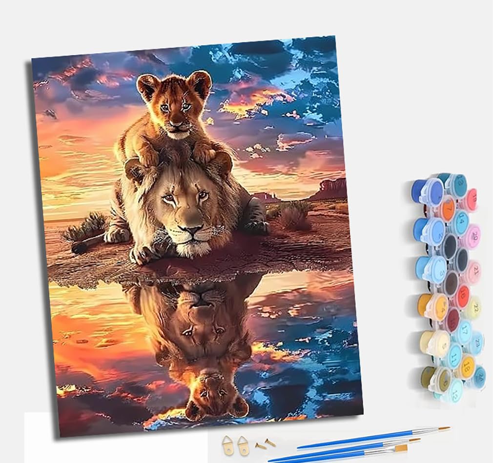 Mlnmeng Paint By Numbers For Adults Painting Kit For Adults Craft Art Painting Kit Acrylic Pigment Drawing Paintwork For Gift Home Wall Decor 16X20 Inch (Without Frame) Reflection Of A Lion And Its Cub
