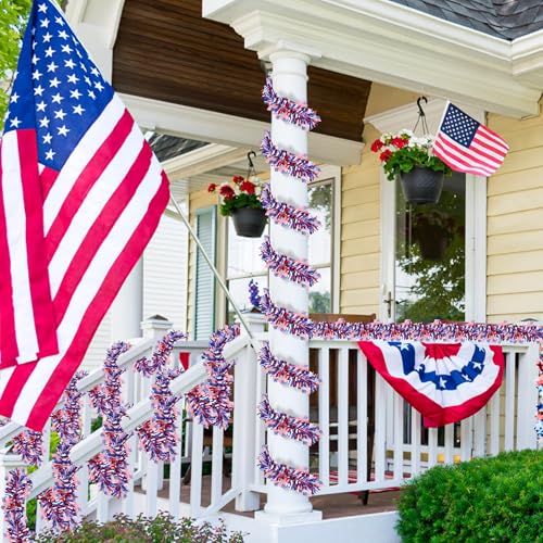 Image of 50 Feet Patriotic Tinsel Garland 4th of July Decorations, Red White and Blue Tinsel Metallic Glitter Garlands with Flags for Fourth July Independence Day Memorial Day Outdoor Indoor Decor