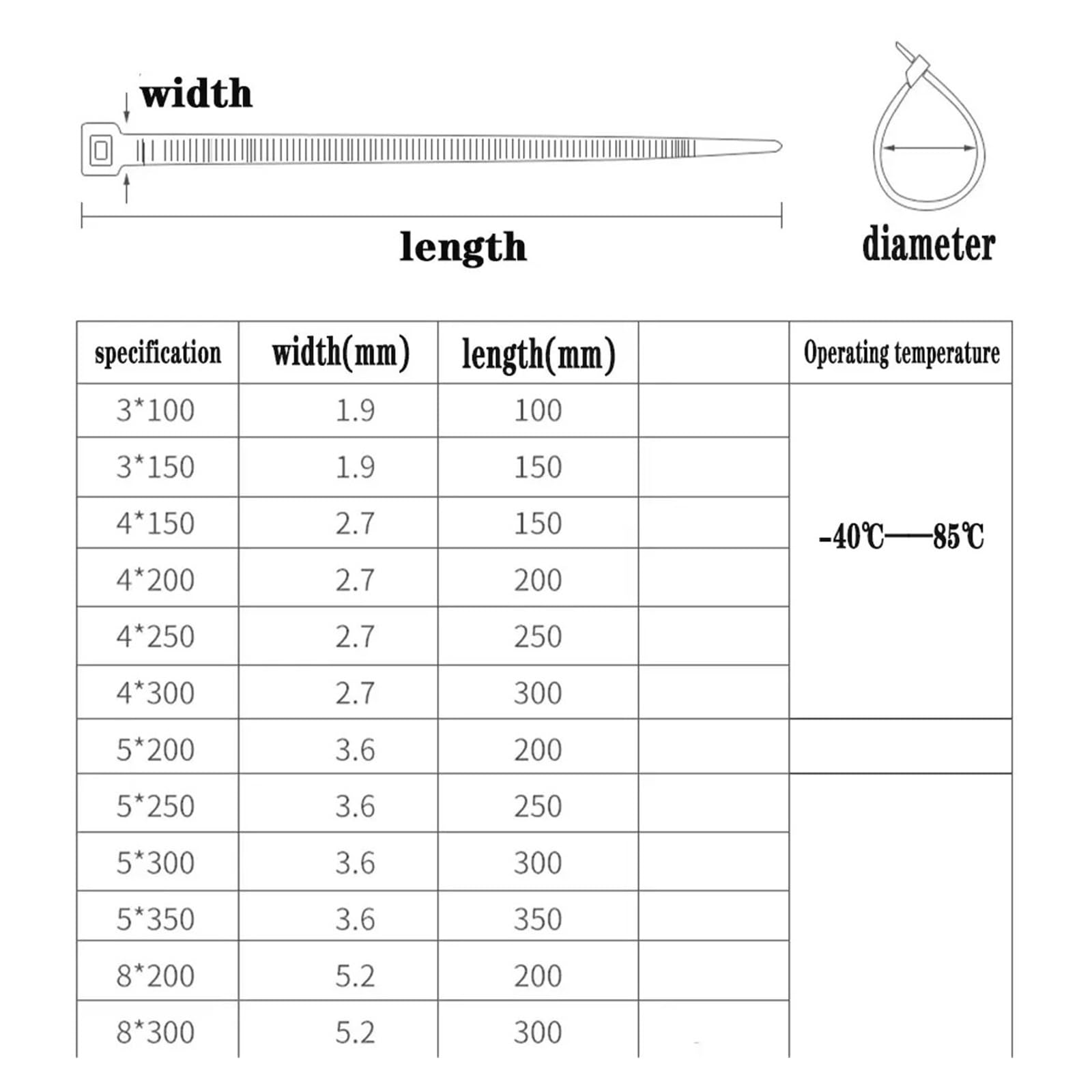 500/1000 pezzi fascette stringicavo in plastica e nylon fascette autobloccanti fascette stringicavo Organizzatore Cavi(2.5x300mm (500pcs))