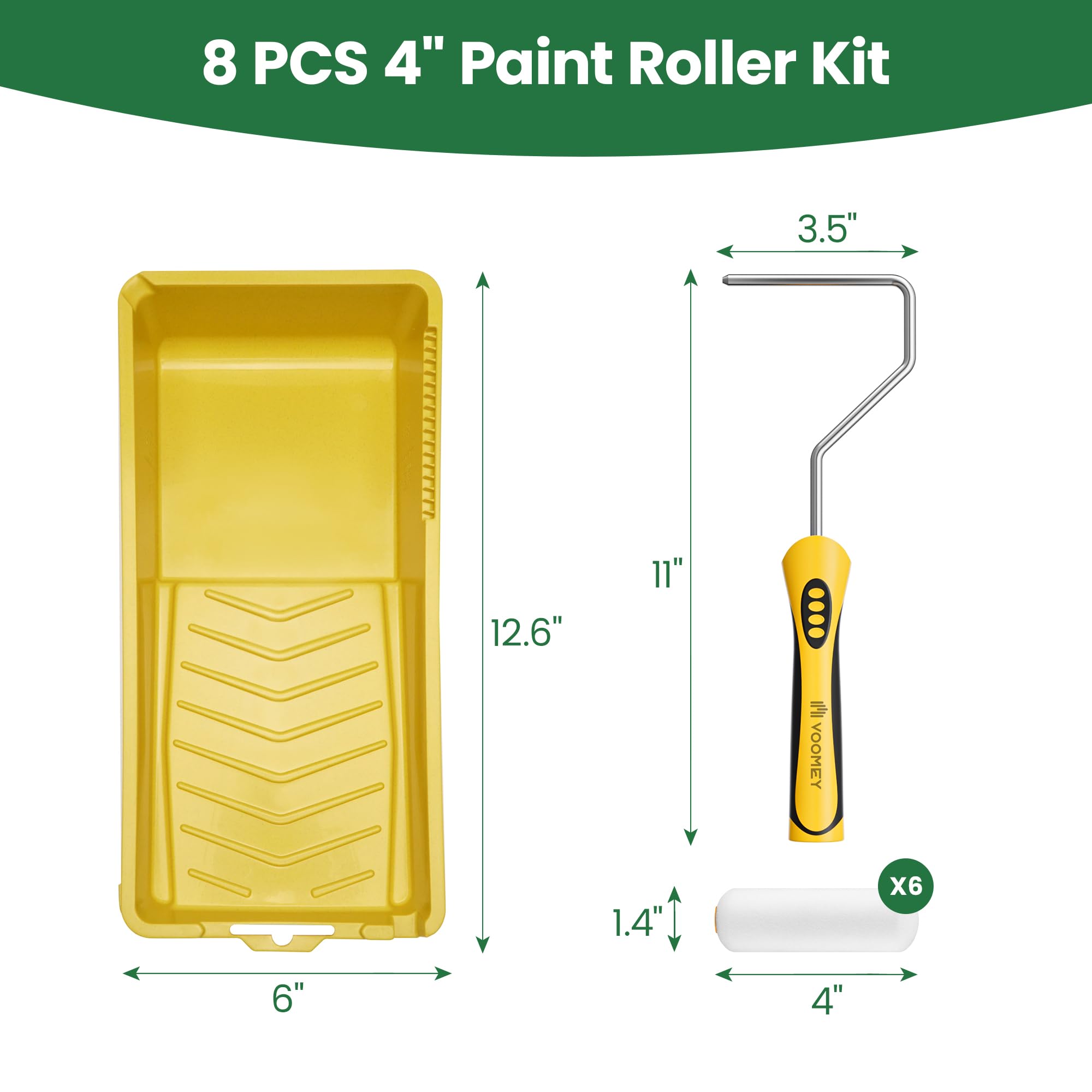 VOOMEY Rodillo de pintura de espuma, kit de rodillo de pintura pequeño, mini rodillo de pintura de 4 pulgadas con marco de rodillo de pintura y bandeja de pintura, perfecto para reparar muebles