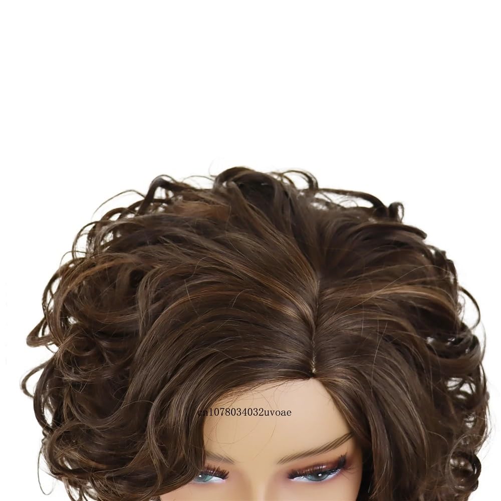 Krótka brązowa peruka dla kobiet, puszyste kręcone syntetyczne włosy, peruka z boku, mieszany blond, ombre blond, naturalne peruki na Halloween (Silver Grey)