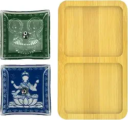 Kit Suporte de Vidro para Incenso com Aparador de Bambu – Incensário Elegante para Varetas – Decoração Zen (Azul e Verde)