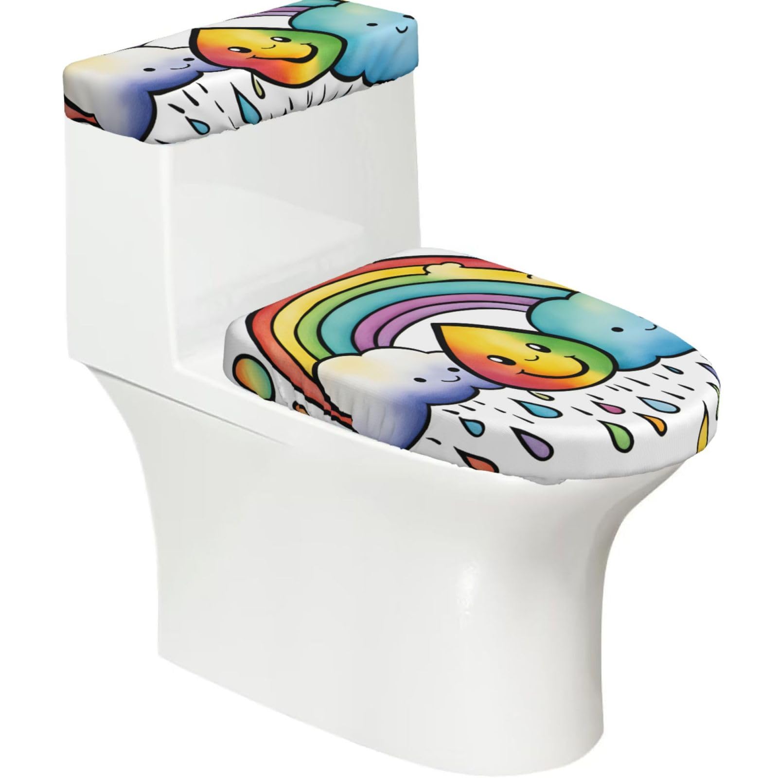 Rainbow Clouds Raindrop 1 Print Stretch Toilet Covers Set, Polyester Covers Replacement For Fits Most Size Lids Bathroom Decor