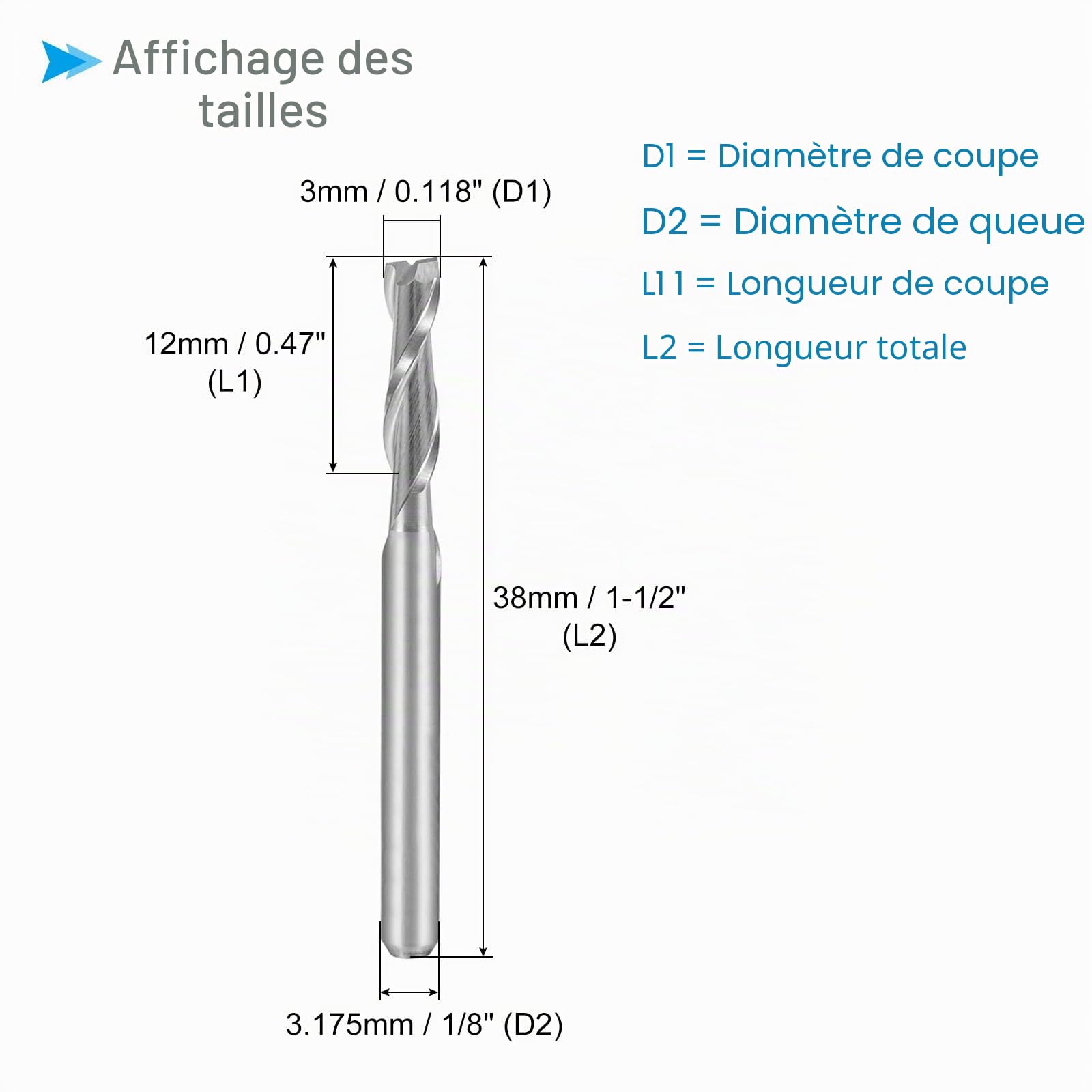 Fraises en Spirale, Tige de 1/8" 3 mm x 12 mm en Carbure Monobloc à 2 Cannelures CNC Fraises – (Applications : pour Contreplaqué, Bois Dur, Plastique), 5 Pièces