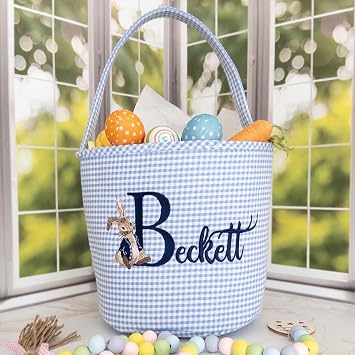 Personalized,Monogram Easter Tote,Embroidered Easter Basket,Seersucker Easter Basket with Name, New Baby Gift Holiday Gifts Blue
