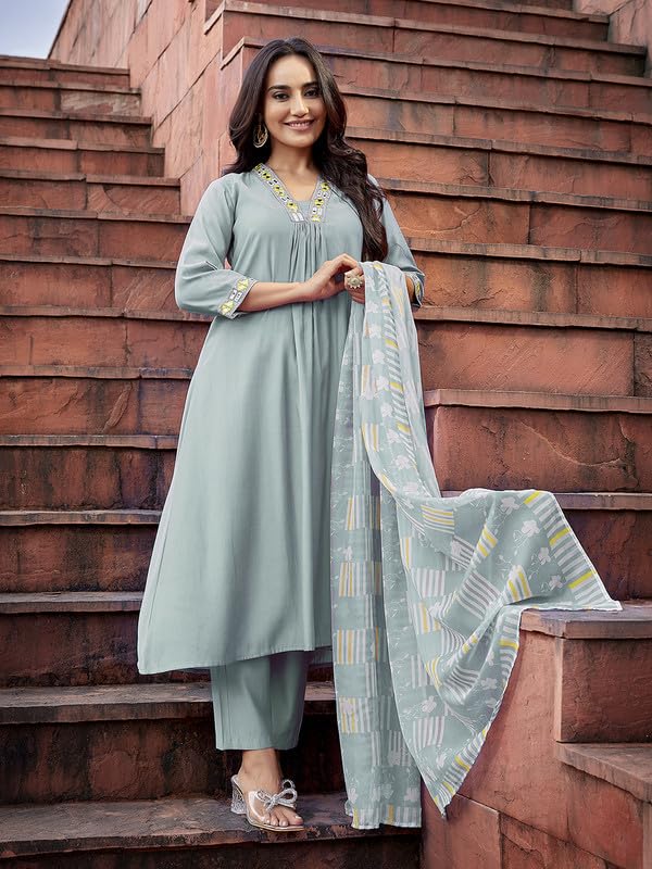 Image of Royal Export Women's Viscose Yoke Mirror Work Solid Flared Kurta Pant with Dupatta Set, Anarkali Kurta Sets for Women