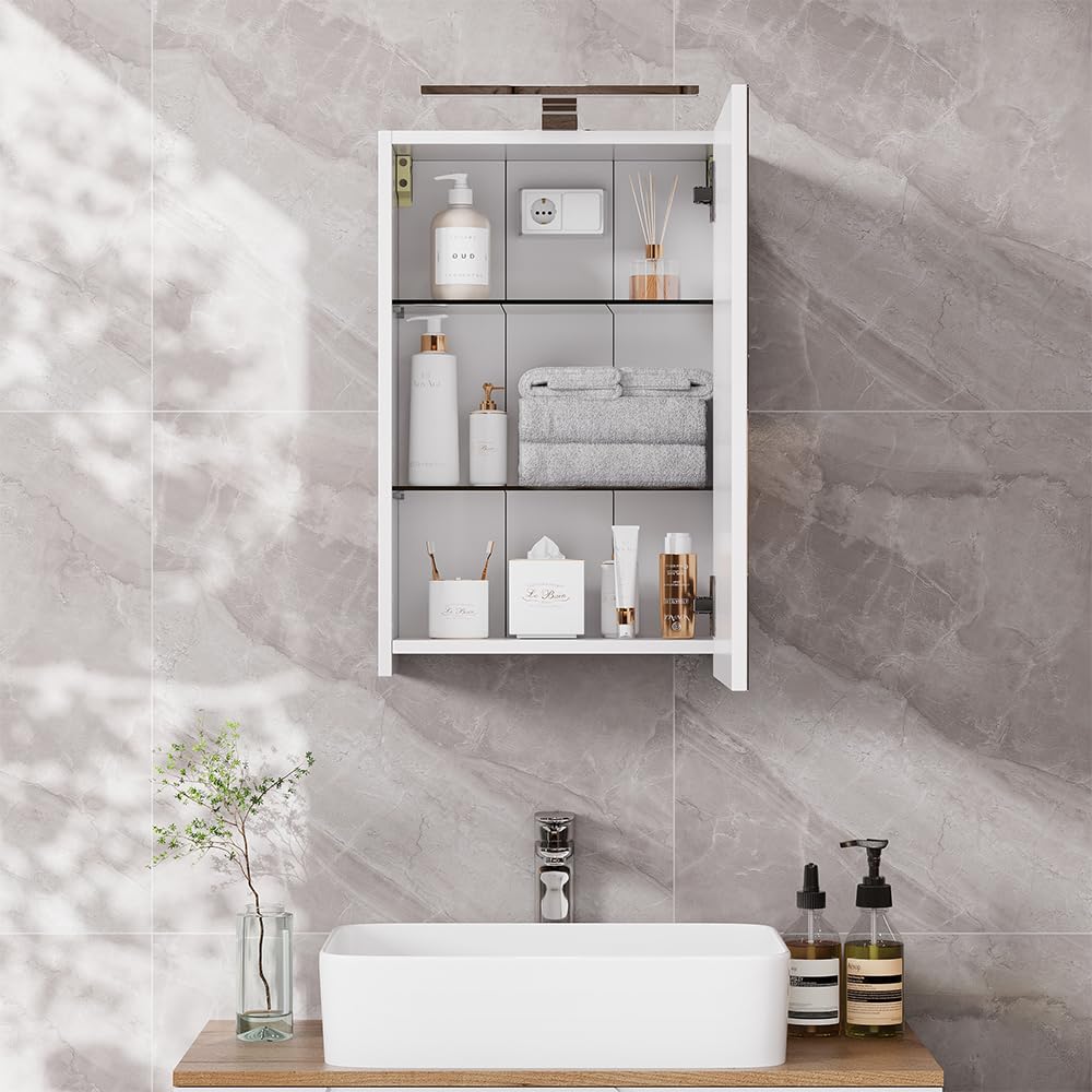 Vicco Mobile a specchio per il bagno Lavio, Bianco, 40 x 60 cm con illuminazione a LED, con ripiano integrato e illuminazione a LED