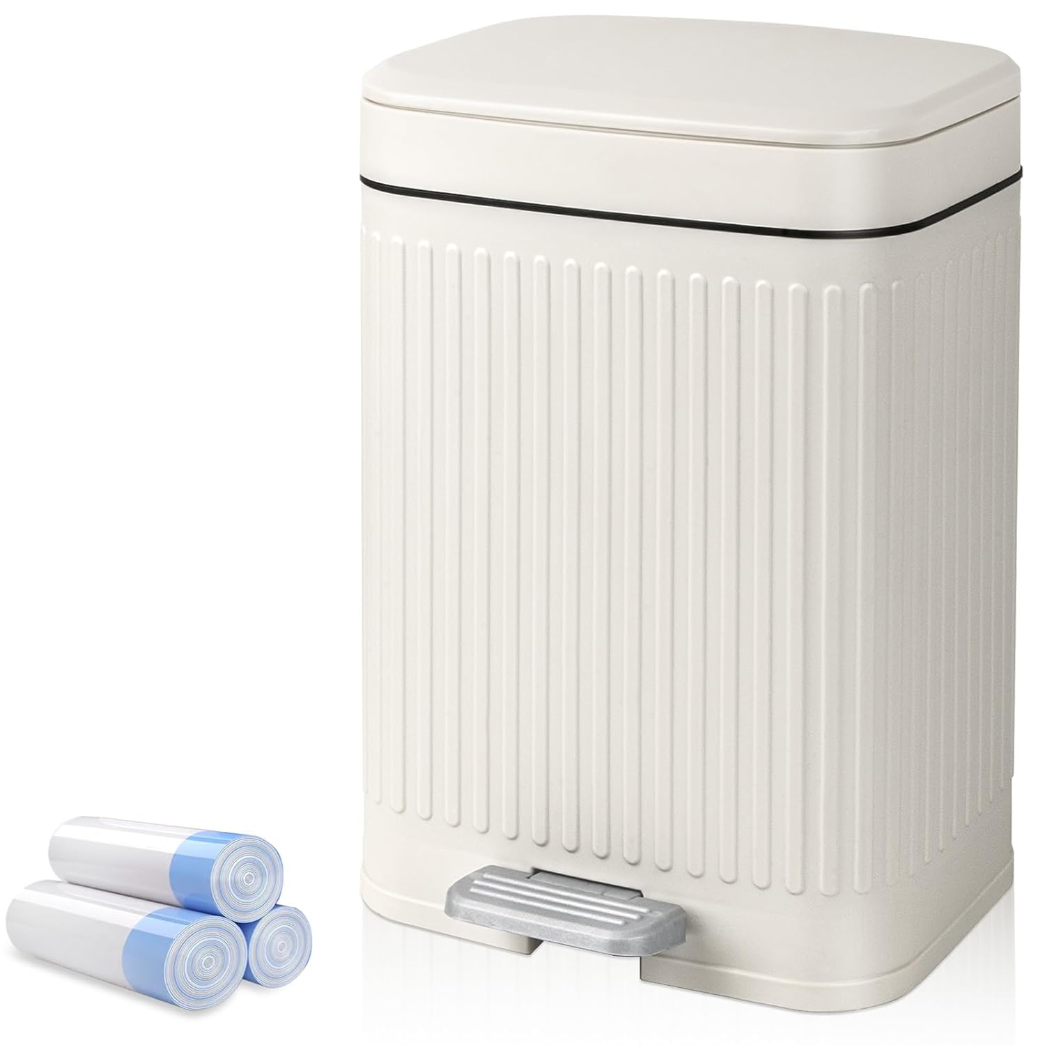 rejomiik Small Bathroom Trash Can with Lid 2.1 Gallon Soft Close Step Slim Garbage Can Waste Bin for Office, Bedroom, Kitchen, Cream 2.1 Gallon Cream
