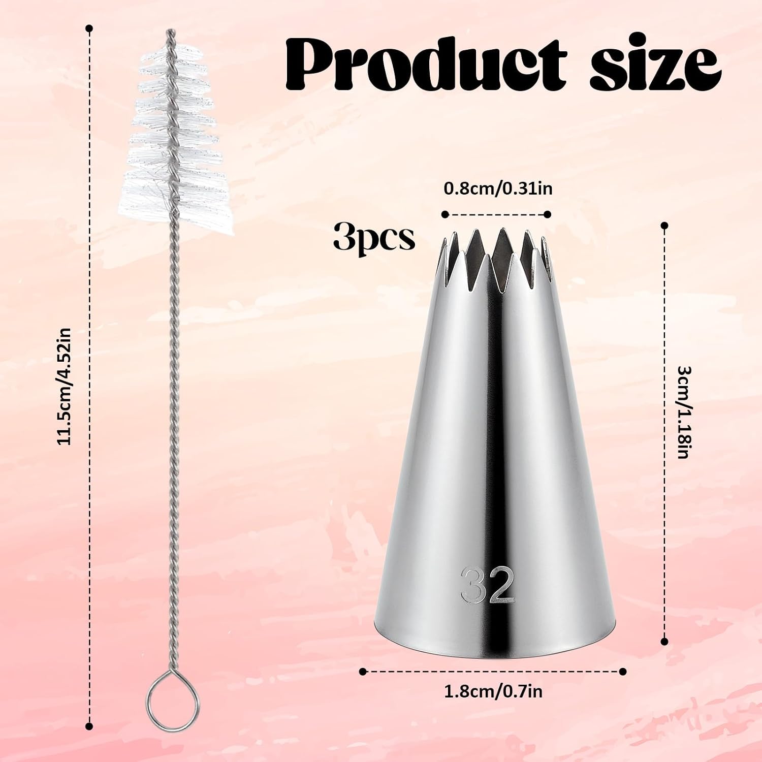 3 Pieces #32 Cake Piping Tip with 1 PCS Cleaning Brush