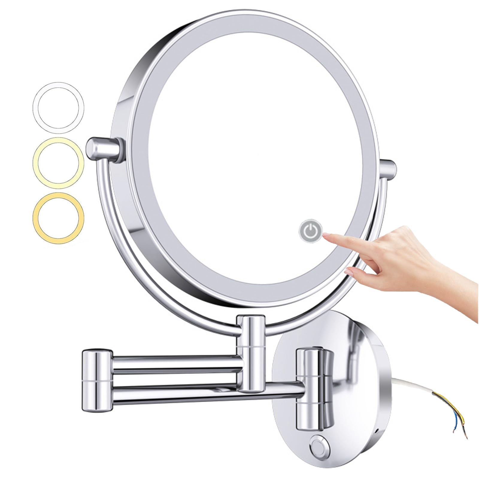 SXFSDOU 8" Wall Mounted Lighted Makeup Mirror, 3 Color Touch Dimmable Hardwired Double Sided Magnifying Extendable 360° Swivel LED Bathroom Vanity Mirror,Chrome,5X