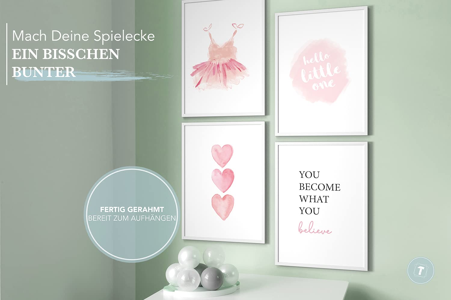 Cuadros para niños, Set de 4, A3 enmarcado en marco de madera (blanco), Regalo para niñas, Láminas decorativas para el cuarto infantil, Corazónes rosa Vestido hola pequeño, Baby Girl Dress