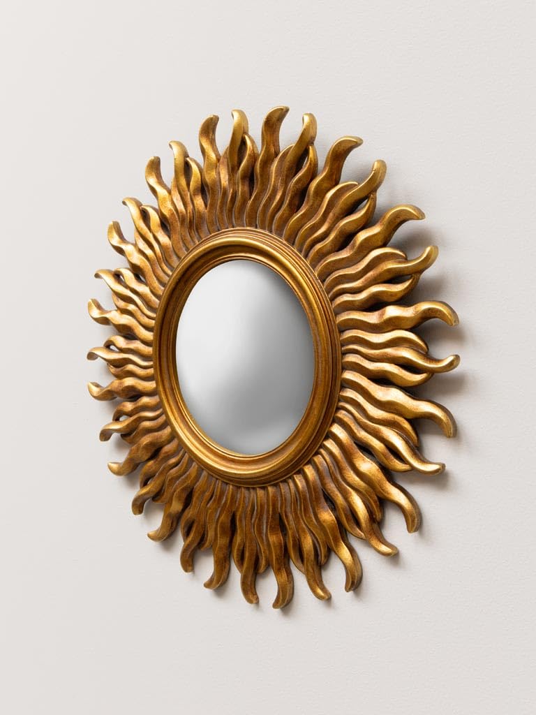 CHEHOMA Miroir Soleil Convexe Doré Patine vieillie Belle fabriaction avec systeme d'accroche Dimenssion : 35 cm
