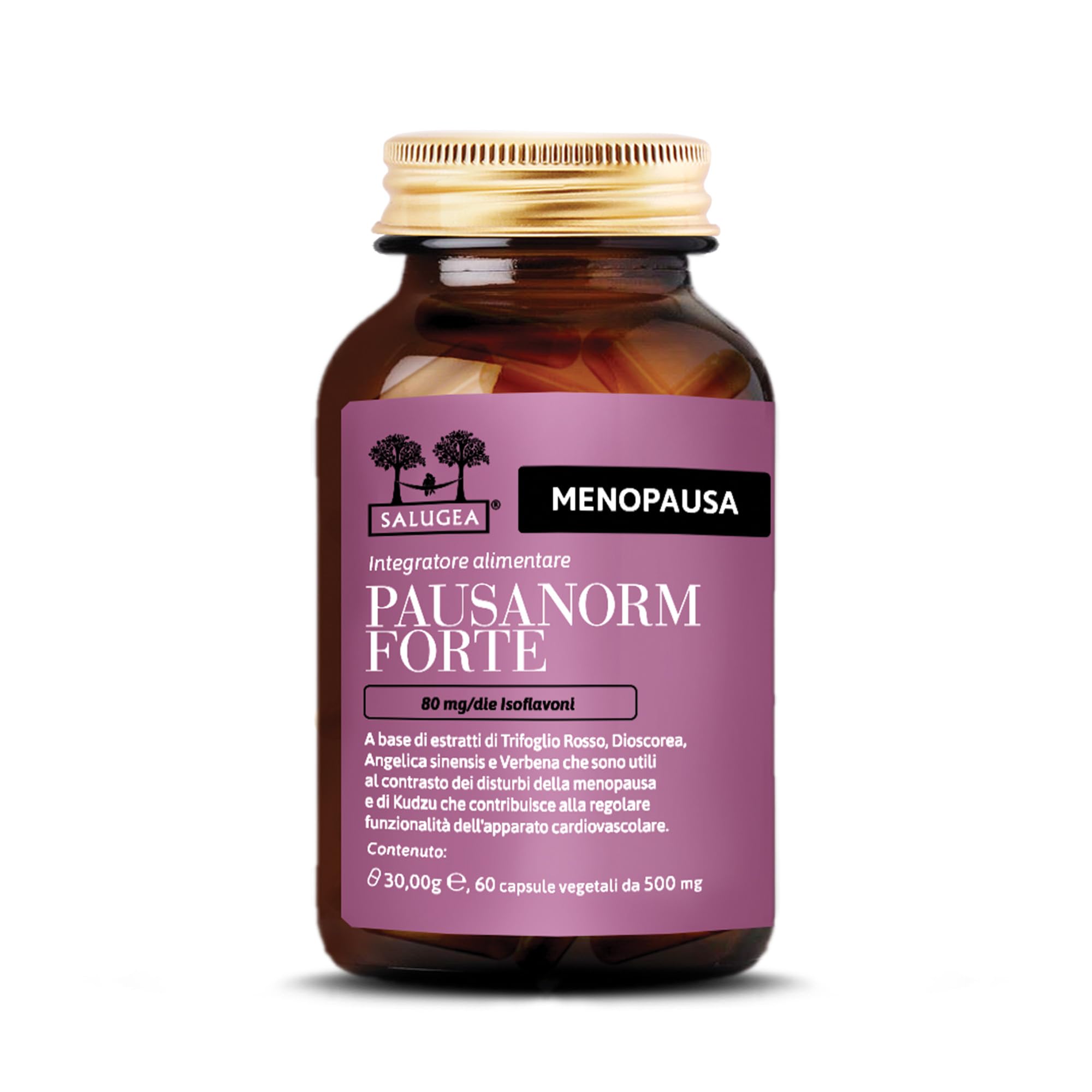 Pausanorm Forte Salugea - Integratore per la Menopausa senza Soia - 100% Naturale con Trifoglio Rosso, Kudzu, Dioscorea, Verbena - Flacone In Vetro - 60 Capsule