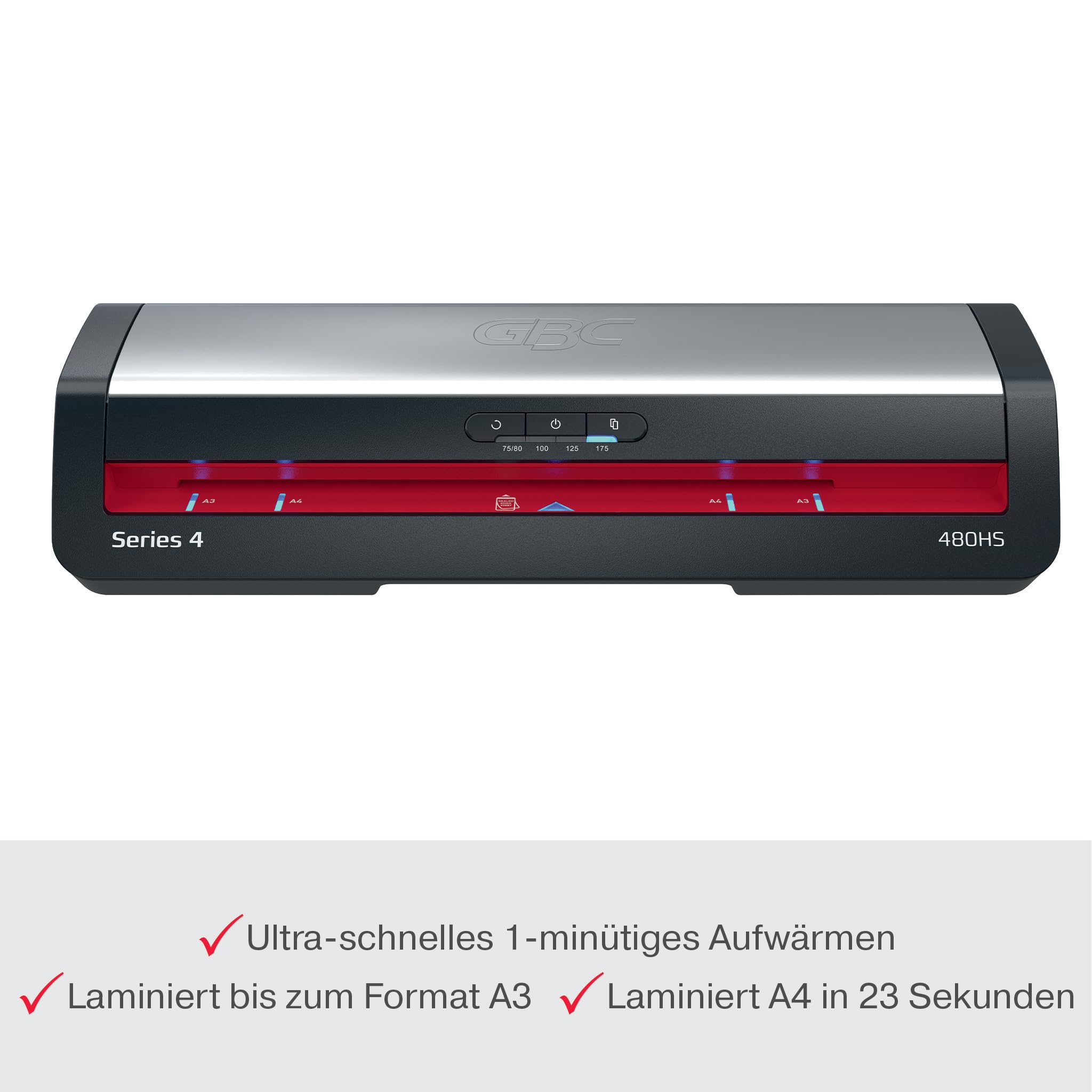 GBC 480HS Home Offce A3 Plastificatrice – Versione per Svizzera, laminazione ad alta velocità, riscaldamento rapido in 1 min, 75-175 micron, con 5 pellicole A4, nero/rosso, connettore tipo J