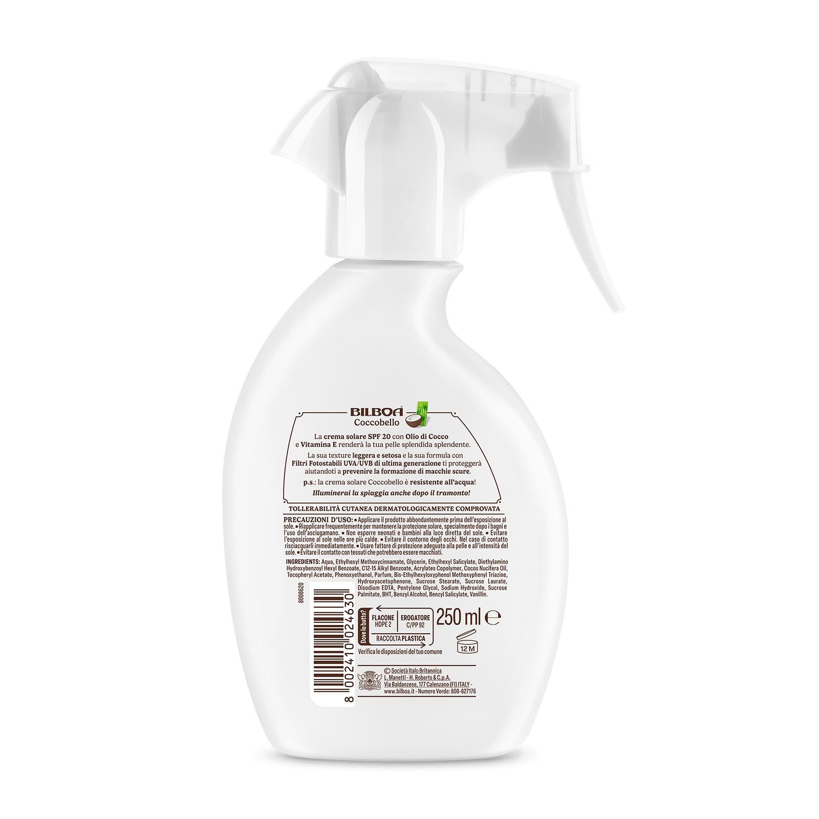 Bilboa Coccobello Trigger Solare SPF 20, con Olio di Cocco, Illuminati d’Immenso, Resistente all'Acqua, 200 ml