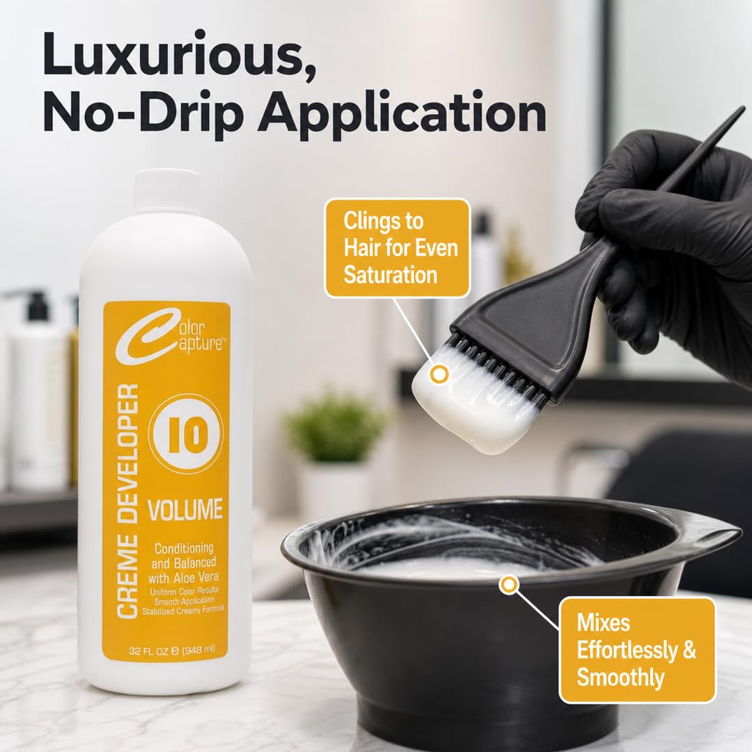 COLOR CAPTUR 10 Volume Cream Hair Developer – Aloe Vera Conditioning Activator for Deposit-Only Color | Paraben-Free, Cruelty-Free, GMP & ISO Certified, Made in USA | Professional & At-Home Use 32 oz