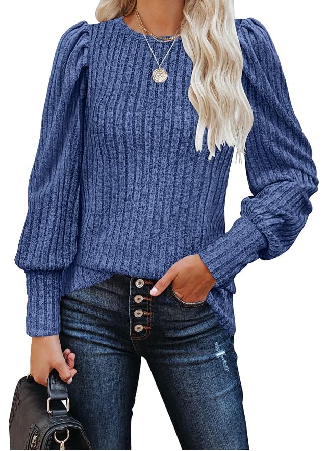 Image of MIHOLL Women's Puff Long Sleeve Shirts Casual Knit Blouses Crew Neck Elegant Tunic Tops