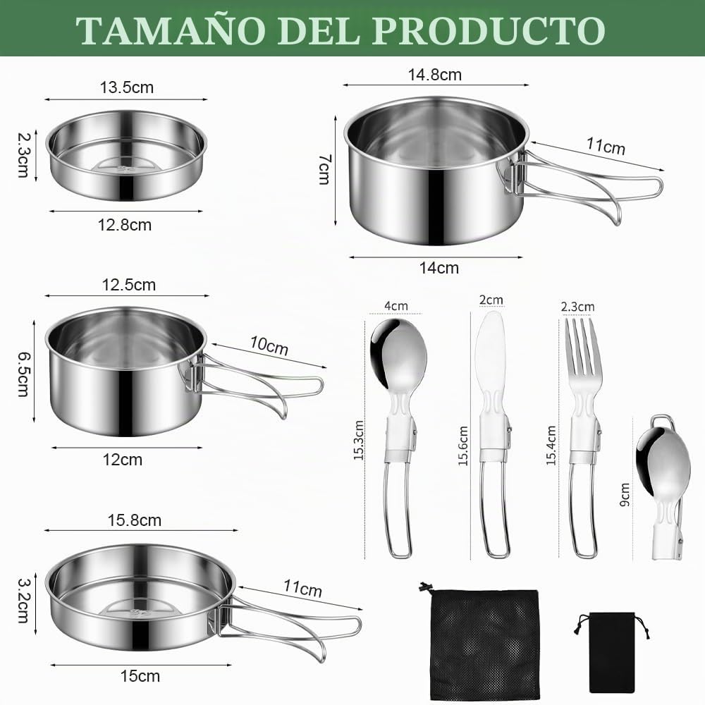 Kit Cocina Camping Acero Inoxidable, Juego de Ollas y Sartenes para Camping, Set de Cubiertos Plegable para Llevar, con Tenedor Cuchara Cuchillo y Bolsas, Kit Cocina Camping para 2-3 Personas