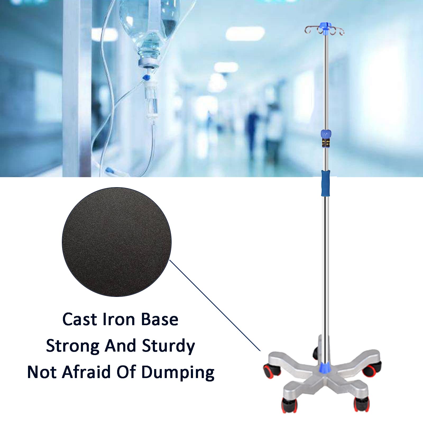 Support de Perfusion médical rétractable Portable Support de Perfusion médical réglable en Hauteur Support de Perfusion Pliable avec 4 Crochets pour hôpital, Clinique privée et Maison