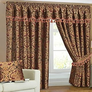 SSP Curtain Pairs Heavy Jacquard Chenille Pencil Pleat Fully Lined + Pelmet + Tie Backs (GEORGIA BURGUNDY) (90"x72")