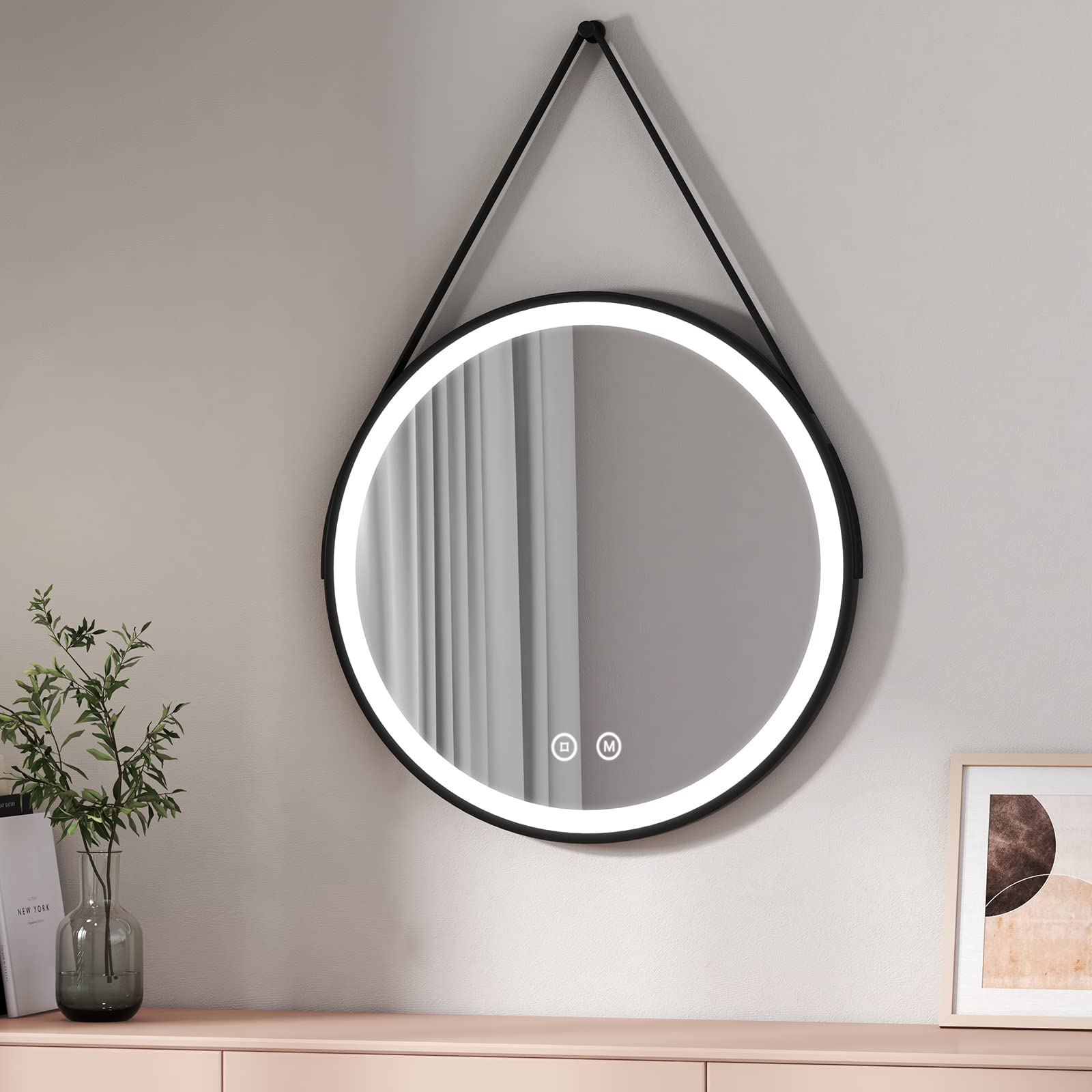 EMKE Lustro łazienkowe z oświetleniem, okrągłe lusterko łazienkowe LED my-booster: 70 cm z przełącznikiem dotykowym + 3 rodzaje świateł ciepłej bieli/zimnej bieli/neutralna ramka czarna