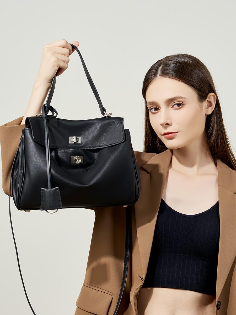 Damen Tote Bag Große Kapazität Glatt Rindsleder Schultertasche Lock Pendler Achseltasche Schwarz