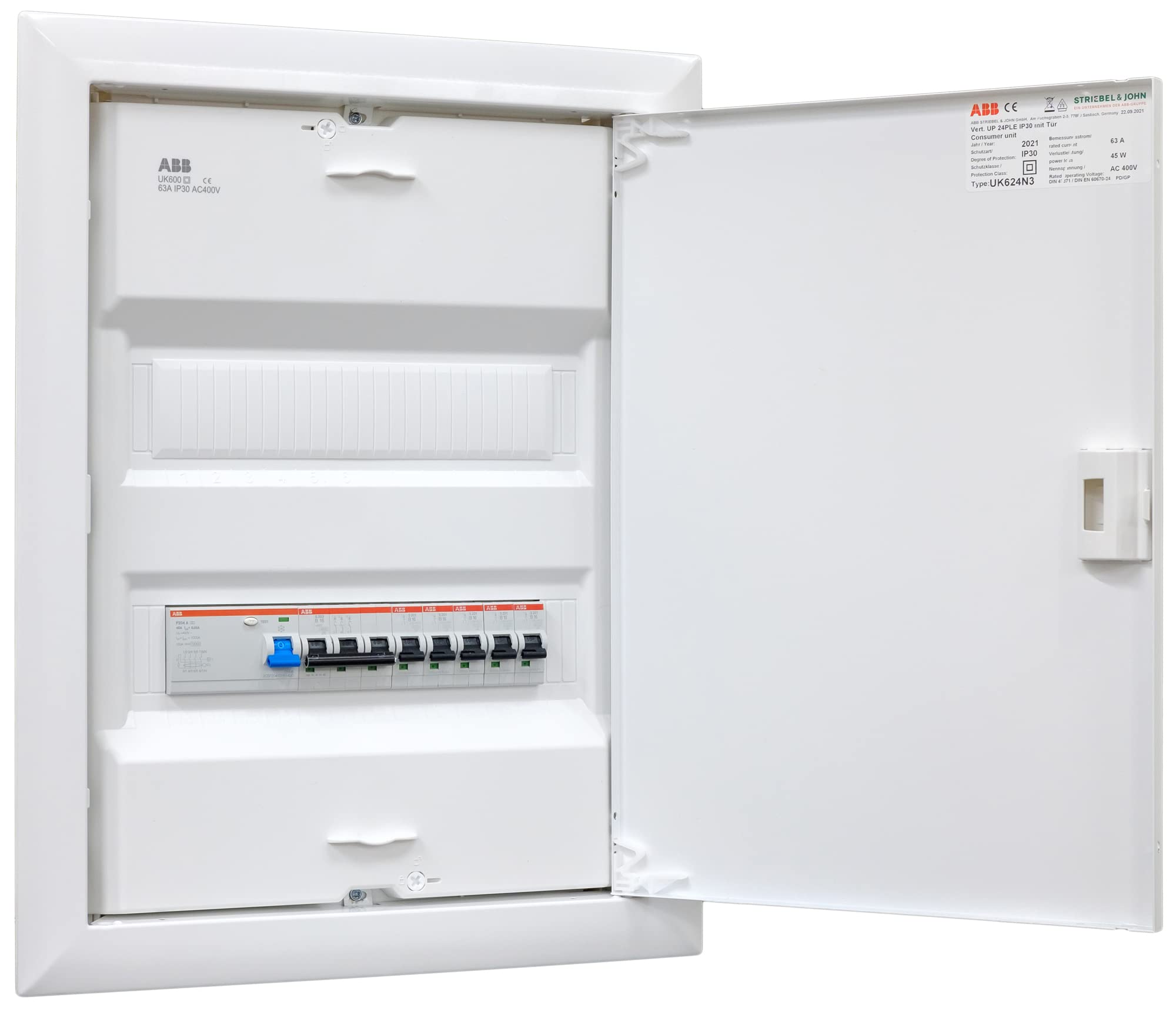 ABB (STRIEBEL&JOHN) Verteiler Hohlwand 2-reihig UK624N3 ANSCHLUSSFERTIG verdrahtet mit Klemmblock. Bestückung ABB 1x FI 4-pol. + 1x 3pol + 5x 1pol LS B16A