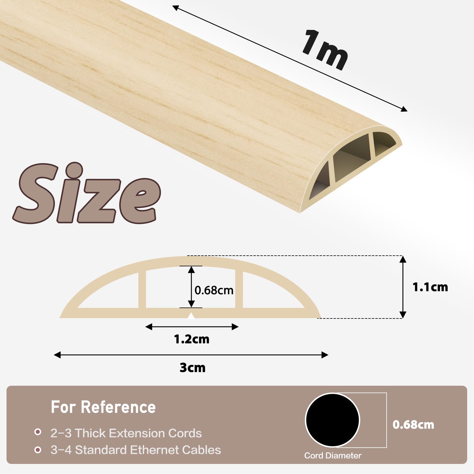 Canaletas para Cables Adhesiva canaleta pasacables para Suelo Cubiertas de Suelo para Cables pasacables de PVC (1m×3cm, Grano de Madera Beige) — view 2