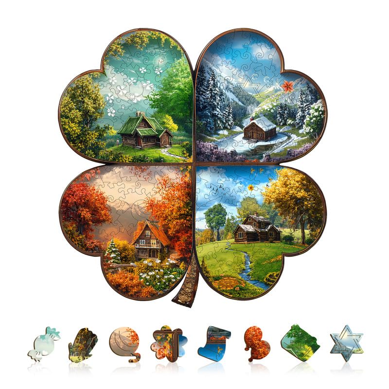 Jigfoxy Wooden Puzzles for Adults, 275-Piece Scenery of The Four Seasons Jigsaw Puzzle, Unique Animal-Shaped Jigsaw Puzzle for Adults and Teens, Creative Gift with Premium Wooden Box,13.4 * 12.9in โ image 1