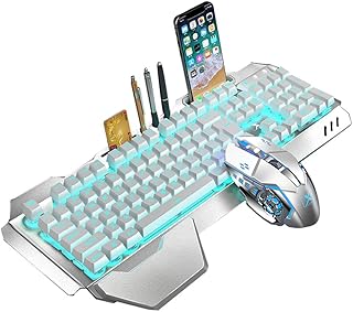 2.4G Mechanical Feel Rechargeable Wireless Keyboard and Mouse Set, 3000 mAh Capacity, LED Backlit Metal Panel Waterproof Ergonomic USB Gaming Keyboard Anti-Ghosting+ 2400 DPI 6 Buttons Gaming Mouse