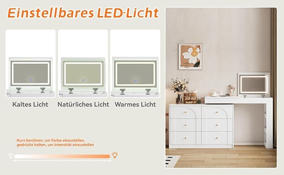 Rotating Dressing Table with LED Lighting, Dressing Table, Office Table, White, 105 x 40 x 80 cm