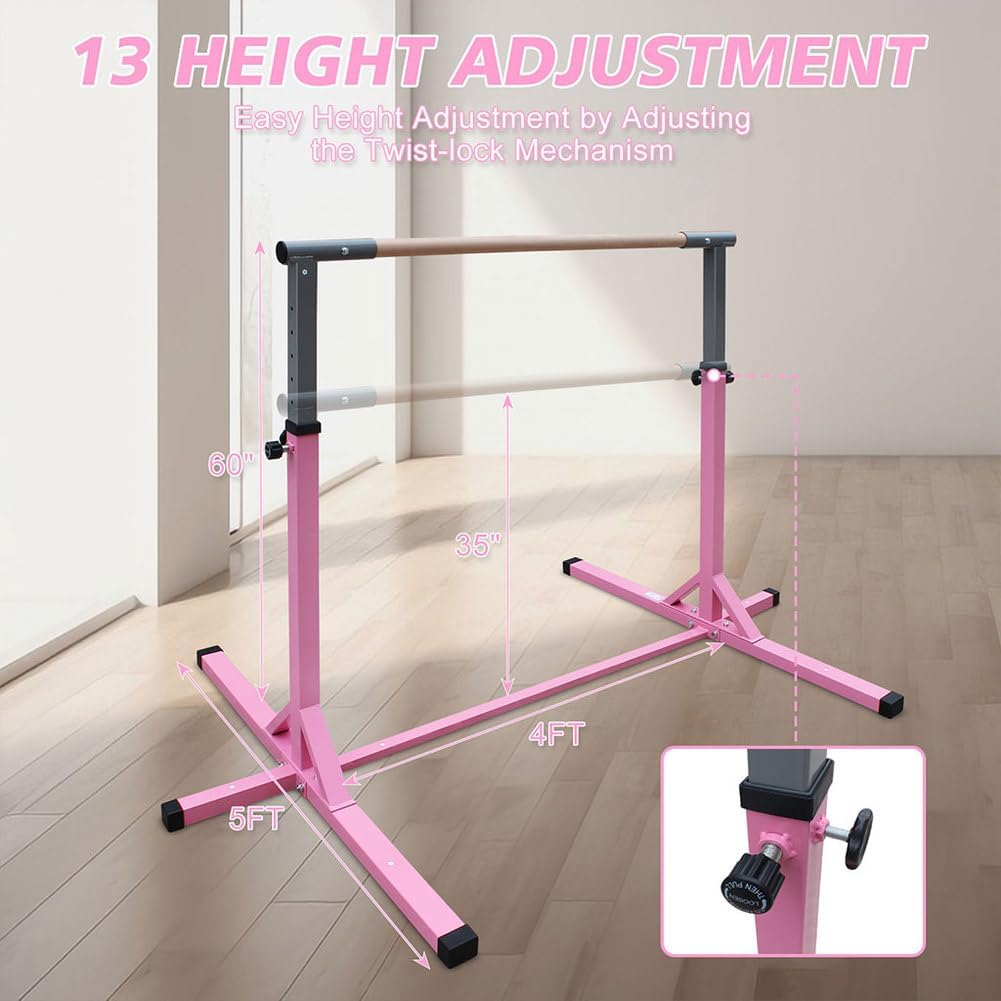 Gymnastics Bar for Kids, Folding Gymnastic Training Kip Bar with Adjustable Height, Home Expandable Horizontal Gymnastic Monkey Bars Equipment for Indoor/Outdoor Training,Pink