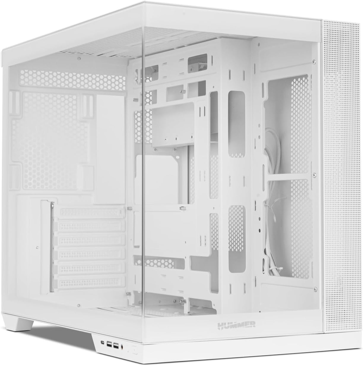 NOX Hummer Astra NEO White PC case, empty interior, showcasing panoramic glass panels.