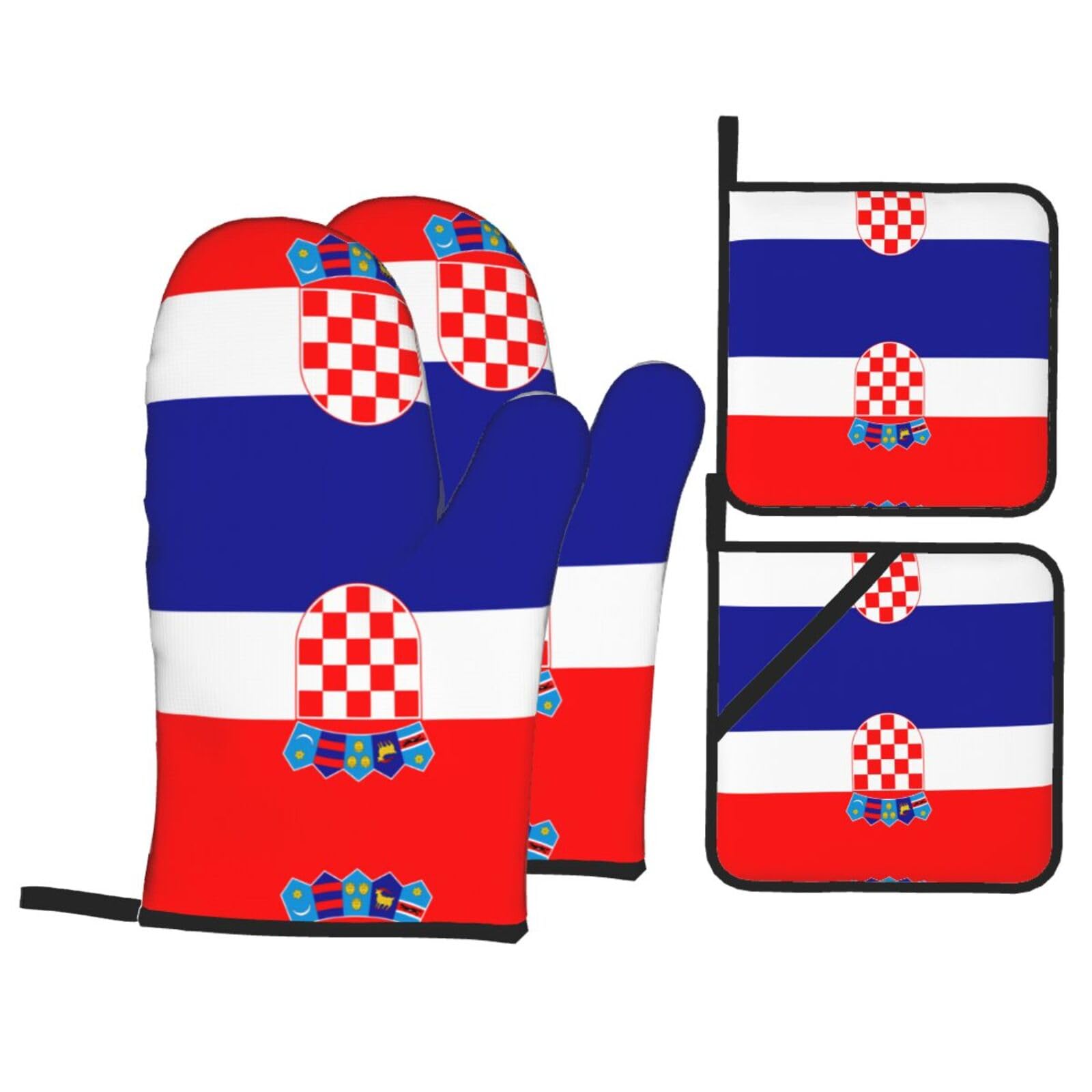 WHJDPP Republic of Croatia flag Prints Kitchen Baking 4-Piece Set with Heat Resistant Pot Holders & Oven Mitts - Waterproof Layer for Easy Clean, Great for Grilling & Baking