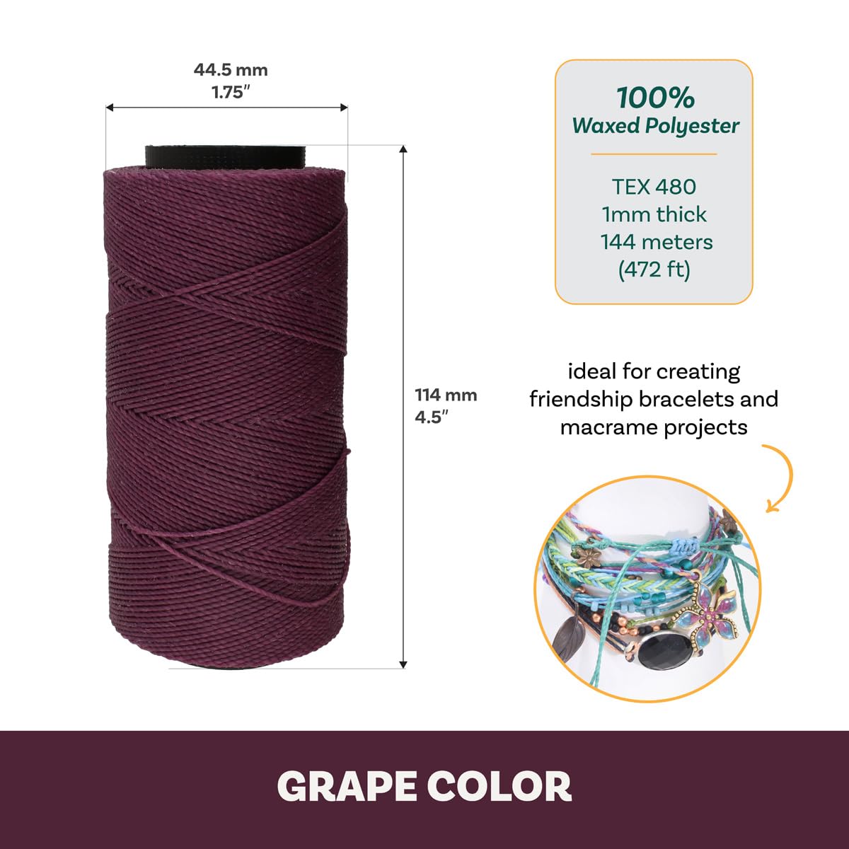 The Beadsmith Knot It Waxed Polyester Cord, Grape Color, 0.7mm Diameter, Light Wax, 144 Meters (472 Feet) Per Spool - Image 4