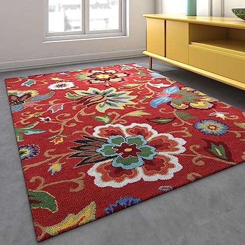 Image of Jaipur Rugs Red and Orange Floral Wool 3'6X5'6 Feet Hand Tufted Carpet Rugs for Living Room, Bedroom & Home