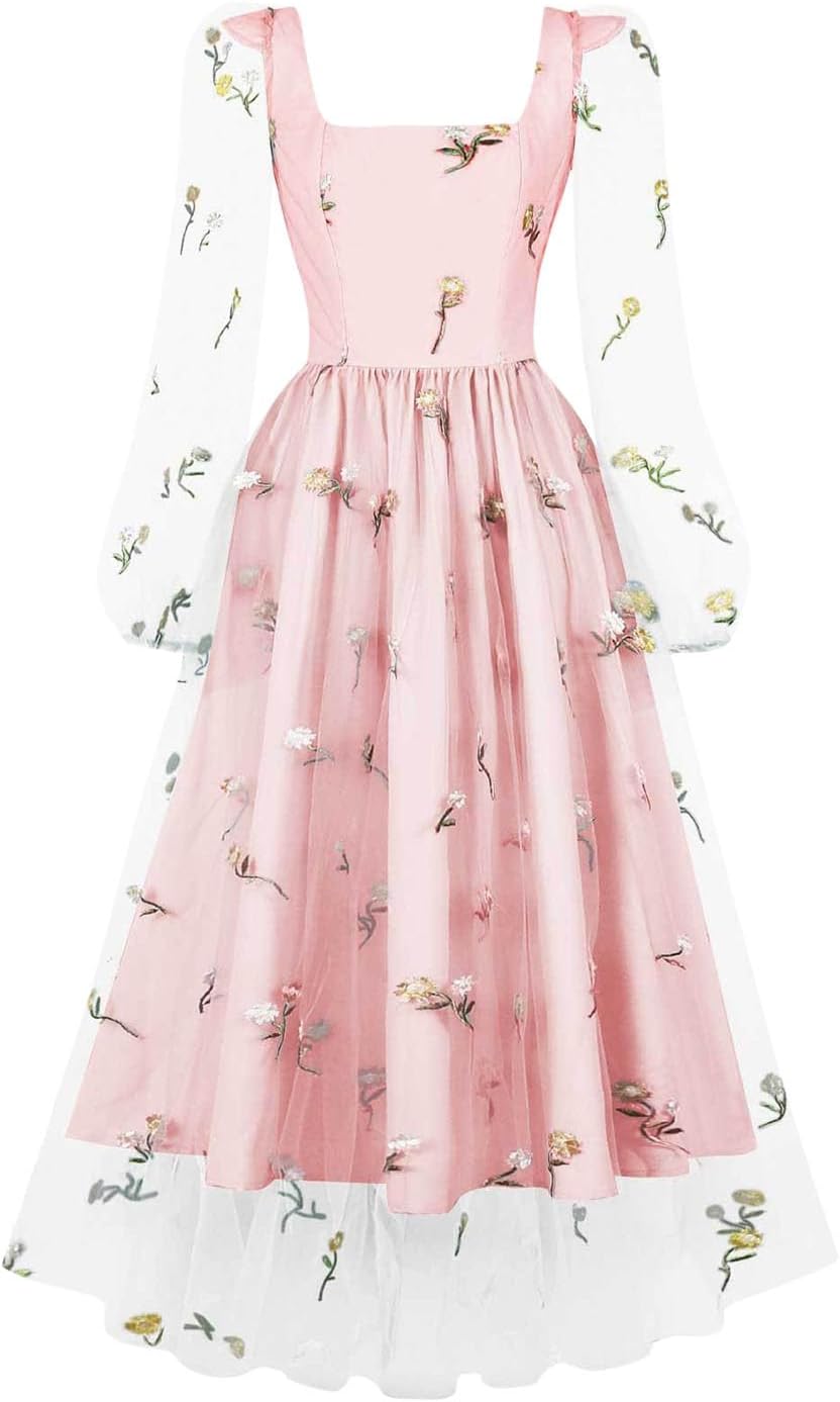 1950s Dresses for Women Vintage Floral Embroidery Mesh Dress Long Sleeve Square Neck Swing Dress Rockabilly Dresses
