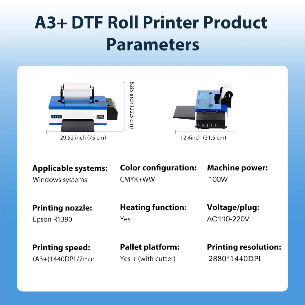 PUNEHOD A3 DTF Printer, R1390 Direct to Film Machine, White Ink Circulation System, Roller and Sheets Feeder, Compatible with Multiple Materials, Custom Clothing Printing (13