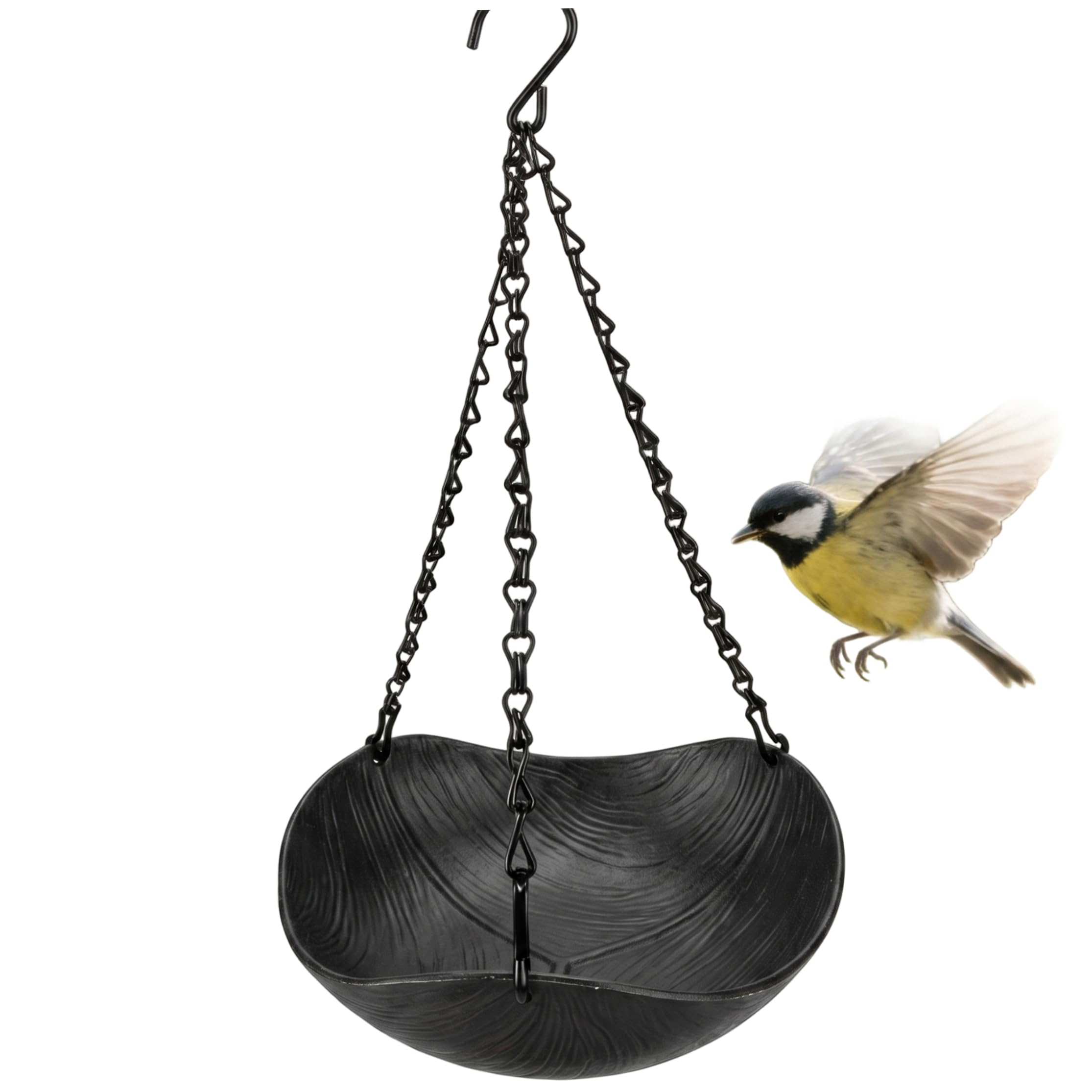 Cuenco de agua con cadena de metal que evita caídas de comederos de aves