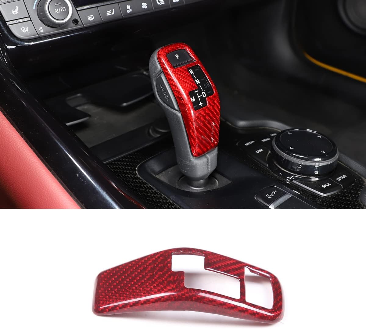 Real Carbon Fiber Car Center Console Gear Shift Head Trim Cover Panel Car Interior Accessories for Toyota GR Supra A90 2019-2022 (Handle Front Cover - RedRed)