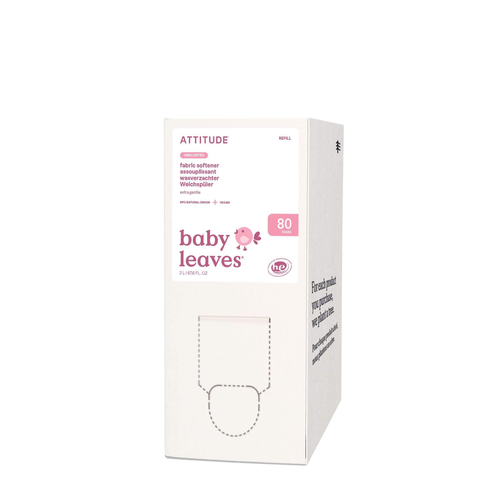ATTITUDE Baby Fabric Softener, Plant and Mineral-Based Ingredients, HE Compatible, Vegan and Cruelty-free Laundry and Household Products, Unscented, Bulk Refill, 80 Loads, 2 Liter