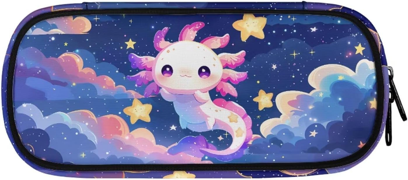 Little Girls Pencil Case Cute Axolotl School Pencil Box for Kindergarten Elementary Middle Large Pencil Pouch 4-Hole Binder Mesh Zipper Case Pen Bag Pocket Stationary Organizer Bag