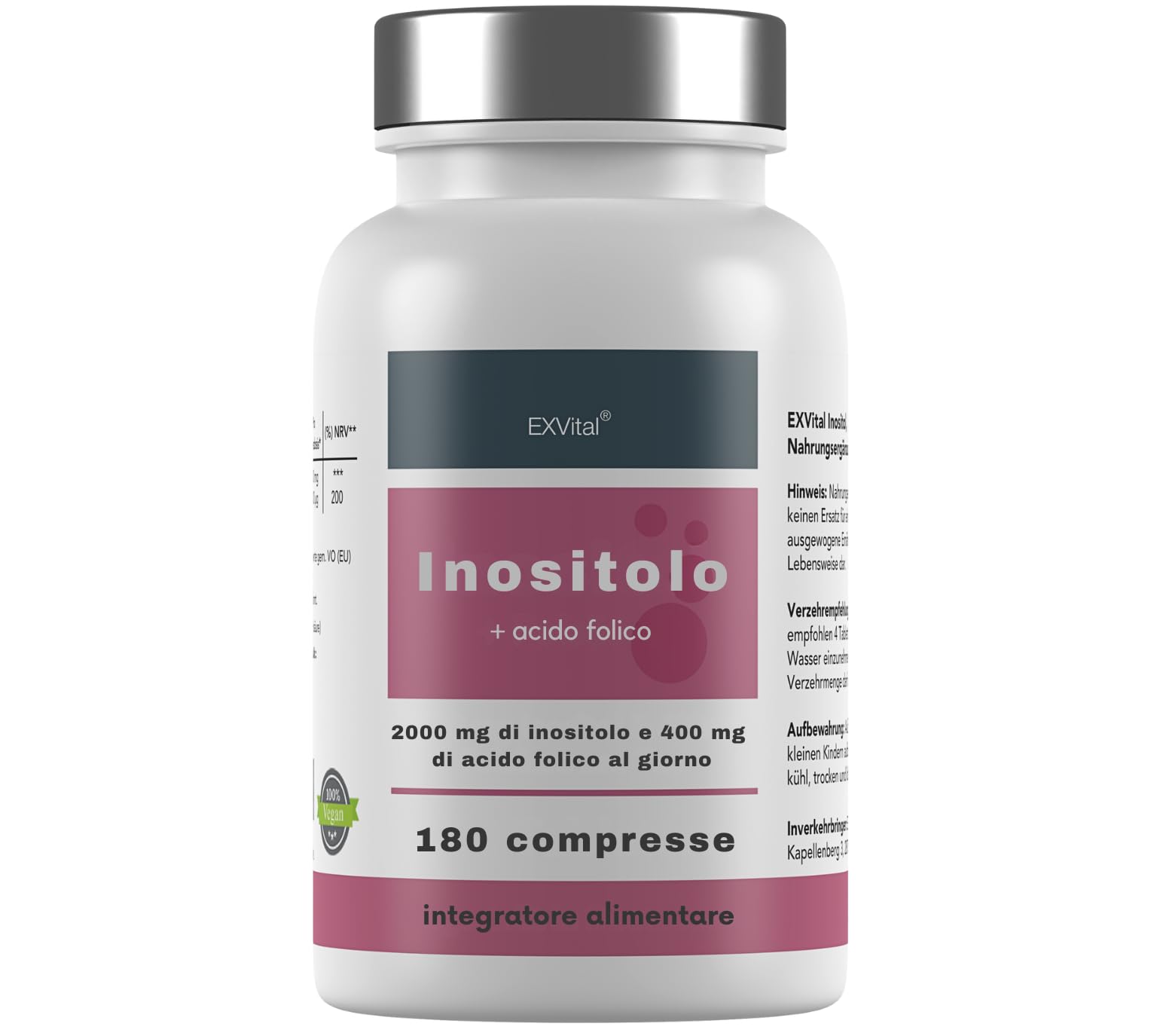 Inositolo, combinato in modo ideale con acido folico, 180 compresse, puro mio-inositolo, ad alto dosaggio: 2000 mg e 400 μg di acido folico al giorno, vegano e senza additivi!