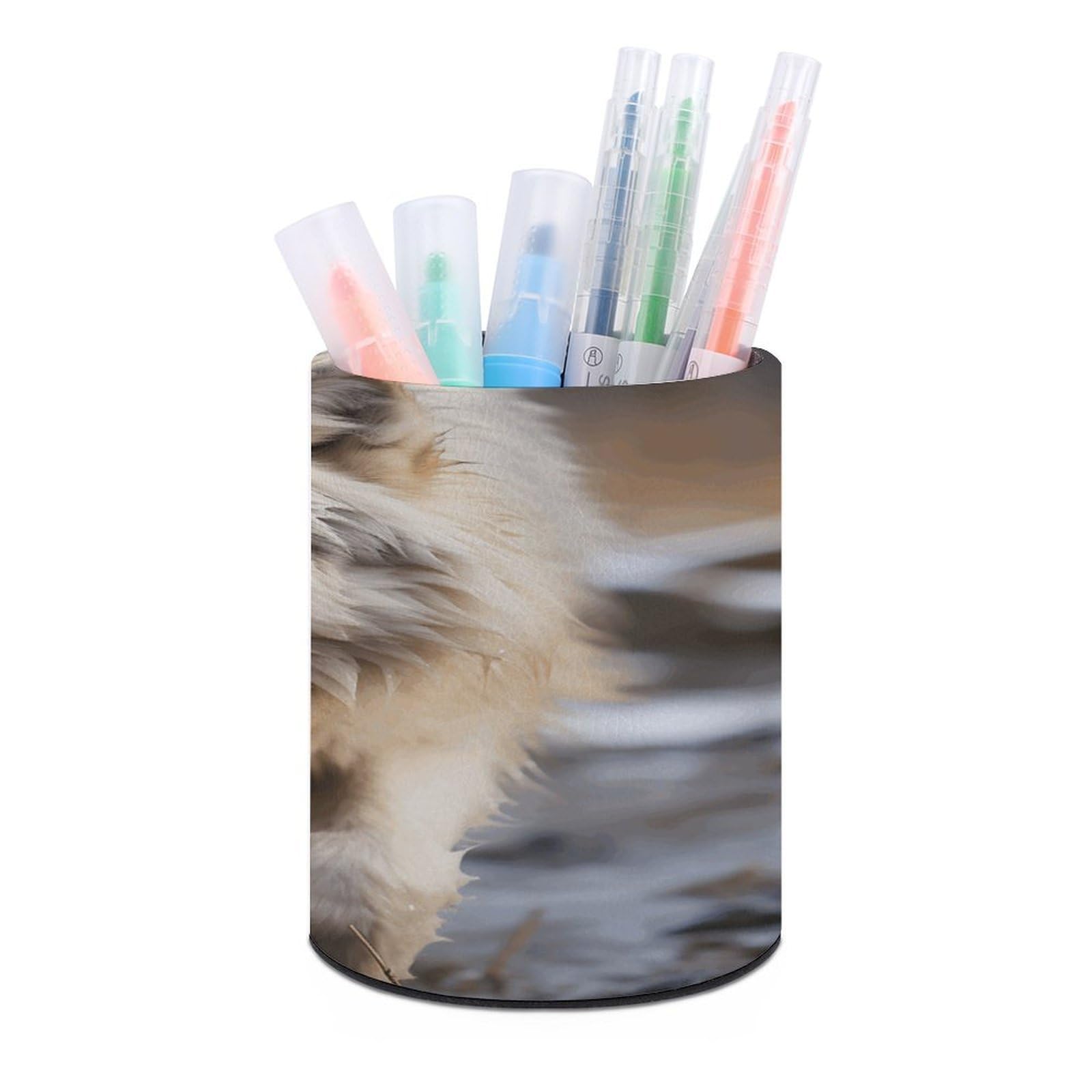 VstaDank Walking Wolf Pen Holder PU Leather Pencil Cup Minimalist Desk Pencil Holder Round Make Up Brush Organizers For Office Dorm Room&Vanity Desk Accessories