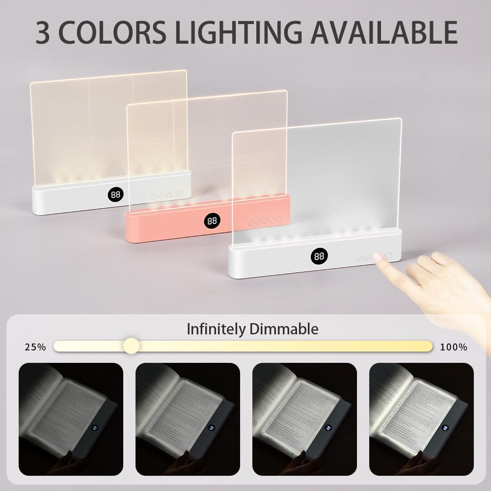 Strackvial Book Light, 3 Color Adjustable LED Flat Reading Light, Rechargeable Clear Panel Plate Lamp with Timer & Memory Function, Bedside Lamp Book Lovers Gifts for Boys and Girls Women Man (Black)
