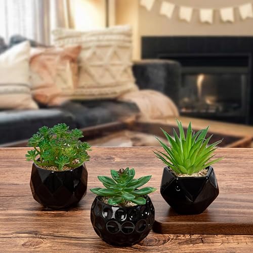 Miniatura 4 de Briful Plantas suculentas artificiales en macetas de cerámica, juego de 3 suculentas artificiales con macetas geométricas negras, decoración moderna