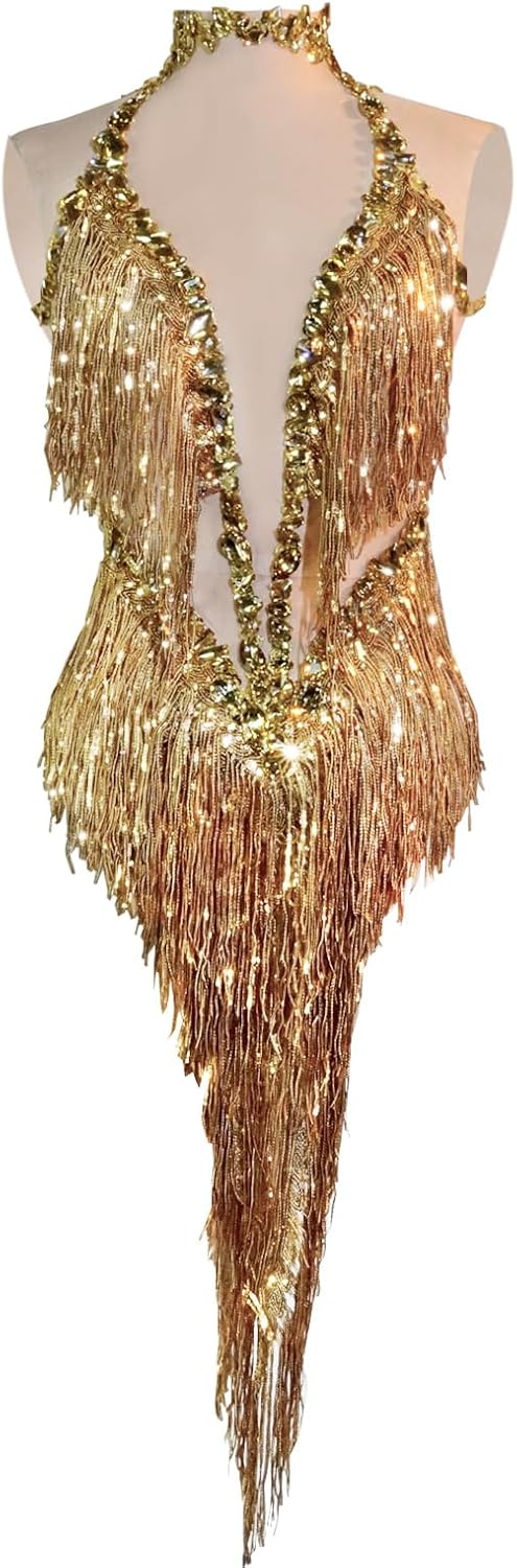 Youmeisha Sparkle Rhinestone Bodysuit Women Showgroup Dress Nightclub Cabarete Performer Costume Sequined Tassel Stage Wear​