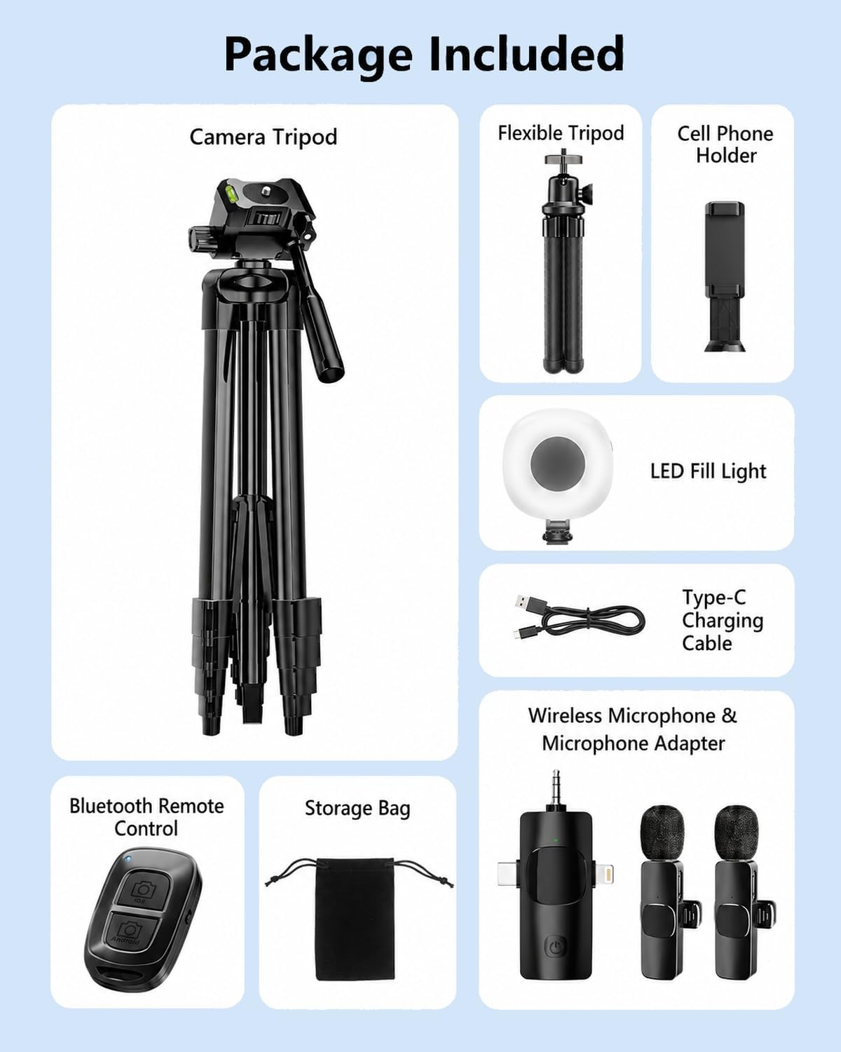 UBeesize Vlogging Kit for iPhone/Android, YouTube Starter Kit with Wireless Lavalier Microphone, Full & Flexible Tripods, LED Fill Light, for Tiktok Content Creators, Video Recording & Live Streaming