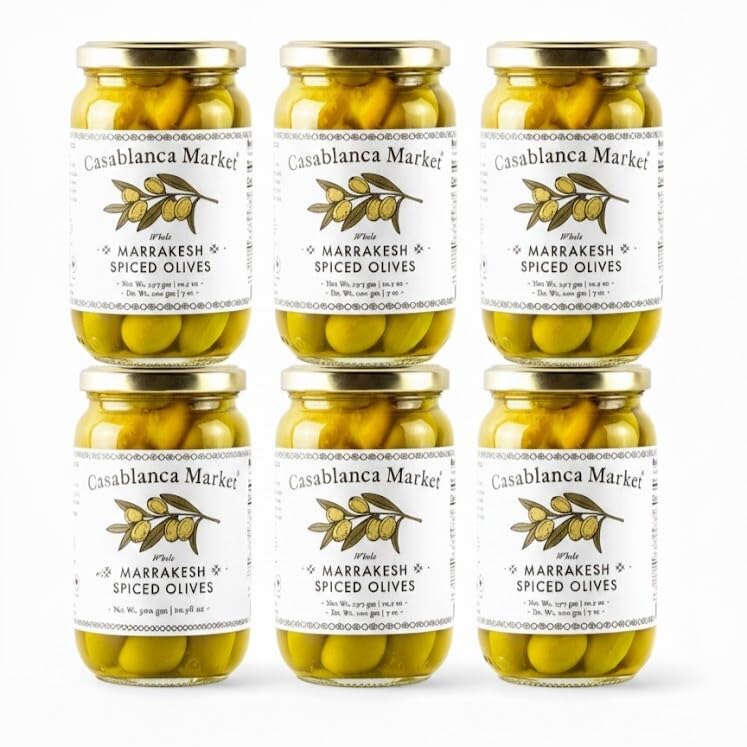 Casablanca Market Marrakesh Spiced Green Olives 6-Pack (10.5oz Each) – Moroccan Colossal Green Olives with Pits – Gourmet Bulk Pack for Retail & Wholesale – Ideal for Appetizers, Charcuterie, and Mediterranean Menus